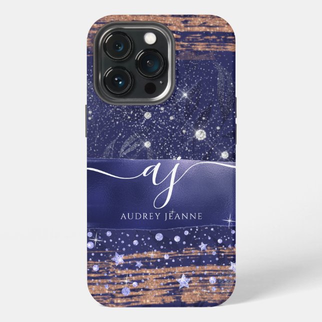 Coque iPhone Rose Gold Pailleté Navy Étoiles Feuillage Script F (Dos)