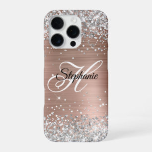 Coque iPhone 16 Pro Rose Gold Paillette Argent Monogramme Fantaisie