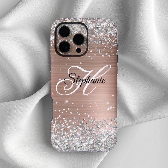 Coque iPhone Rose Gold Paillette Argent Monogramme Fantaisie (Silver Glitter Rose Gold Foil Fancy Monogram iPhone Case)