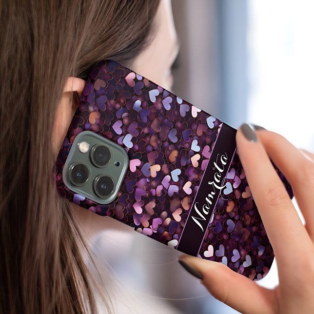 Coque iPhone Rose Gold Pink Purple Cœurs Monogramme (Créateur téléchargé)