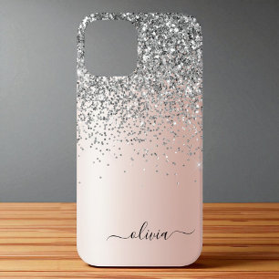 Coque iPhone 12 Rose Gold - Rose Pâle et Paillettes Argentées Mono