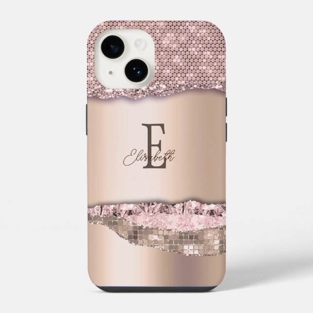 Coque iPhone Rose Gold Tendance Diamants Paillettes Monogramme (Verso)