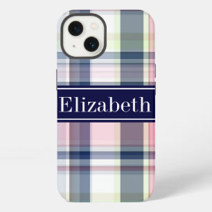 Etui iPhone 13 Rose Navy Vert Blanc Prépa Madras N Monogramme
