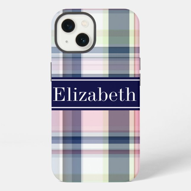 Coque iPhone Rose Navy Vert Blanc Prépa Madras N Monogramme (Verso)