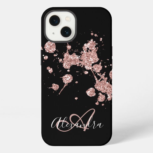 Coque iPhone Rose noire Monogramme Paillettes de Glitter Or (Verso)