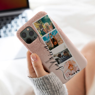 Etui iPhone 13 Pro Max Rose or 4 photo grille nom de collage noir monogra