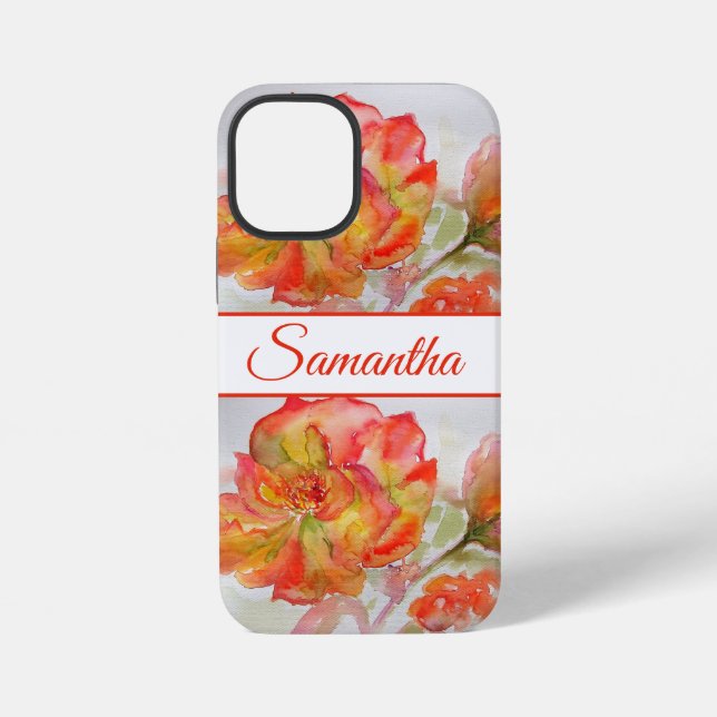 Coque iPhone Rose Orange Rouge Aquarelle florale Fleur Téléphon (Verso)