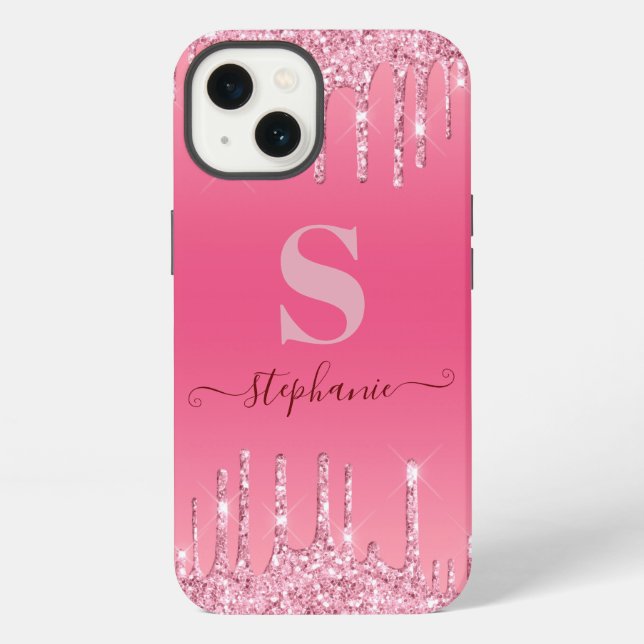 Coque iPhone Rose Pailletée Monogramme Féminin (Verso)