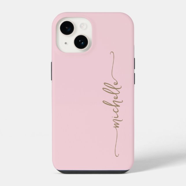 Coque iPhone Rose Pâle Élégant Féminin Minimal Nom Script Or (Verso)