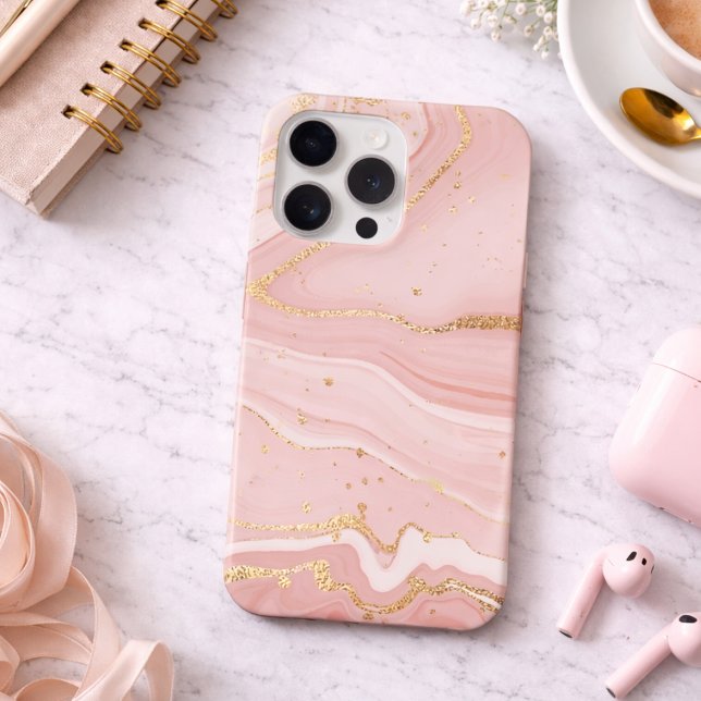 Coque iPhone Rose Pâle et Marbre Doré (Créateur téléchargé)