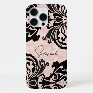Coque iPhone 16 Pro Max Rose Pâle Floral Damassé Victorien
