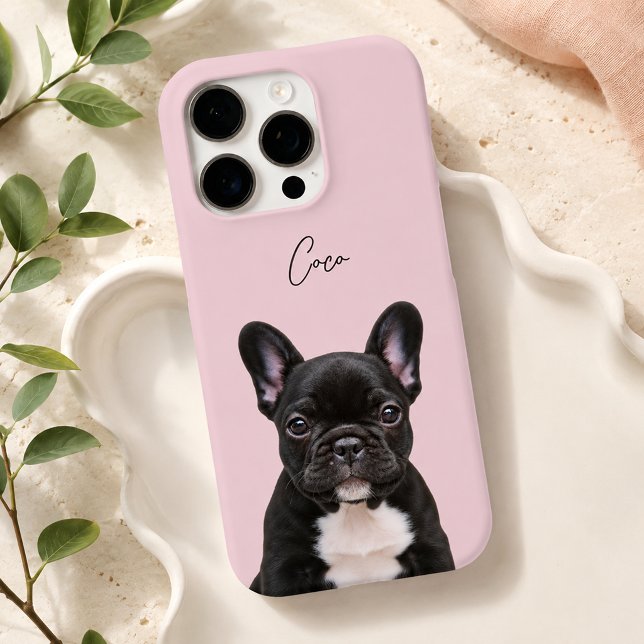 Coque iPhone Rose Pâle Photo de Chien Moderne et Nom de Compagn (Créateur téléchargé)
