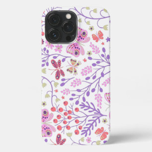 Etui iPhone 13 Pro Max Rose Papillon coloré et Fleurs