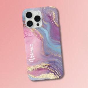 Coque iPhone 15 Pro Max Rose pastel violet or marbré doré Abstrait