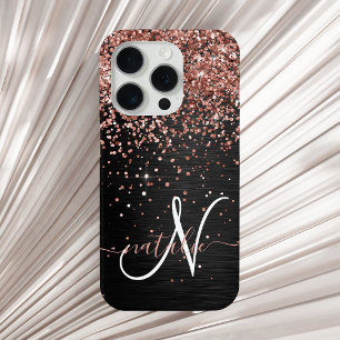 Coque iPhone 15 Pro Rose personnalisé Parties scintillant or noir Étin