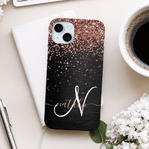 Coque iPhone 15 Plus Rose personnalisé Parties scintillant or noir Étin