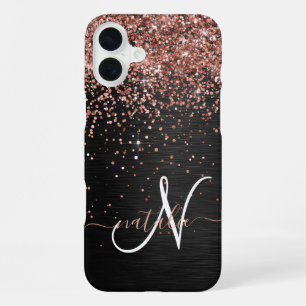 Coque iPhone 16 Plus Rose personnalisé Parties scintillant or noir Étin