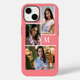 Coque Pour iPhone 14 Rose poudré personnalisé 3 photos collage monogram