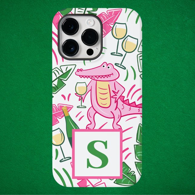 Coque iPhone Rose Prépa Vert Alligator Vin Monogramme (Créateur téléchargé)