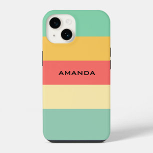 Coque Pour iPhone 14 Rose Rétro Jaune Vert Bleu Rayures Personnalisé
