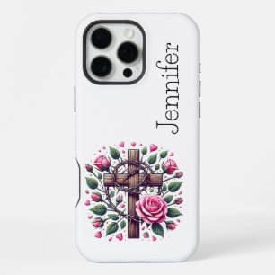 Coque iPhone 16 Pro Max Rose Rose Coeur foi croix iPhone