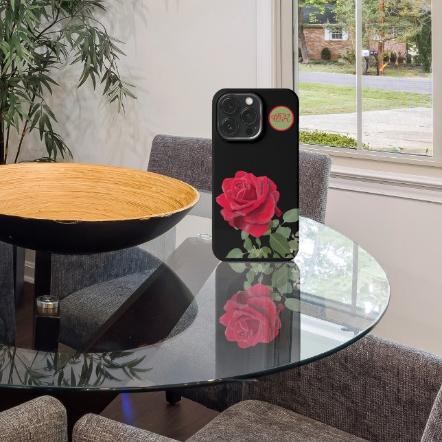 Coque iPhone Rose rouge - Peinture à la main - monogramme (Créateur téléchargé)