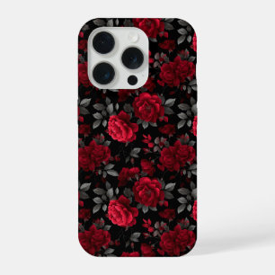 Coque iPhone 15 Pro Rose Rouge Profond Élégante Motif Floral Noir