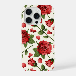 Coque iPhone 15 Pro Rose rouge romantique et floraison botanique sur f