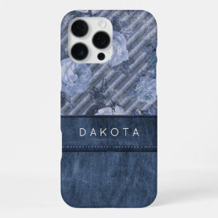 Coque iPhone 16 Pro Max Rose vintage épices Cuir floral bleu foncé