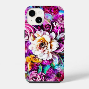 Coque Pour iPhone 14 Rose violet bleu Turquoise blanc Jardin Fleurs Ima