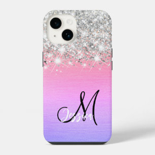 Coque Pour iPhone 14 Rose Violet Métal Brossé Monogramme Paillettes Arg