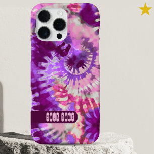 Coque iPhone 16 Pro Max Rose Violet Tie-Dye Personnalisé Nom Rétro