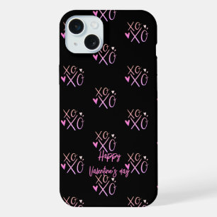 Coque iPhone 15 Plus Rose "XOXO"Coeurs Heureuse Sainte-Valentin Noir