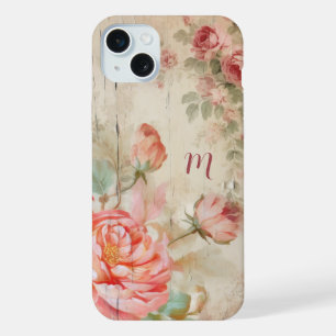 Coque iPhone 15 Plus Roses Antiques Bohème Rustique Aquarelle avec Mono