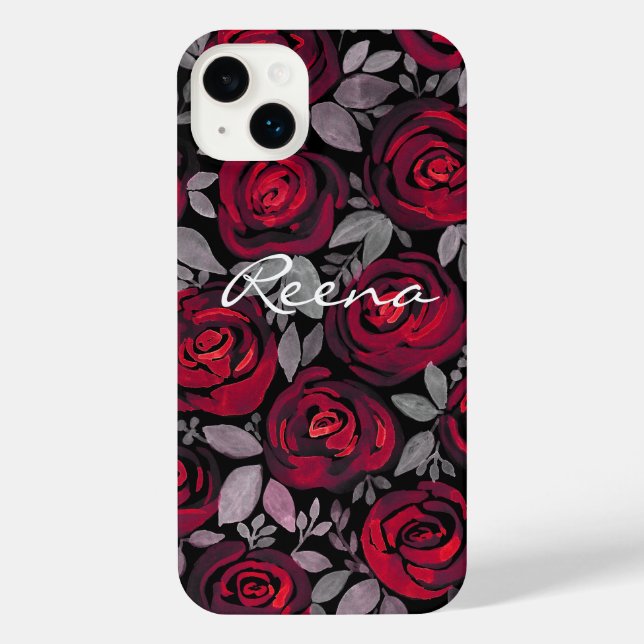Coque iPhone Roses aquarelle, sur fond noir, aquarelle (Verso)