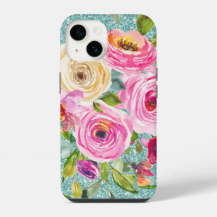Coque Pour iPhone 14 Roses Aquarelles en Crème Rose Aqua Paillettes