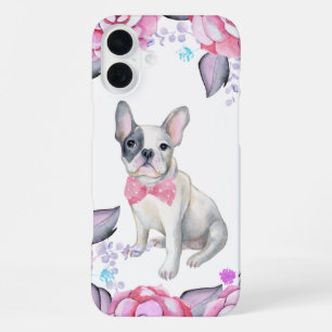 Coque iPhone 16 Plus Roses aquarelles grises roses chien bouledogue fra