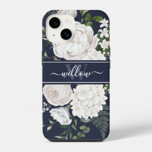 Coque Pour iPhone 14 Roses Blanches Élégantes Fleurs Vertes Monogramme 