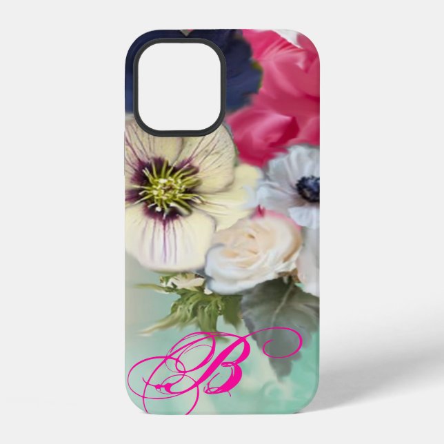 COQUE iPhone ROSES BLANCHES ET FLEURS D'ANÉMONE MONOGRAMME (Verso)