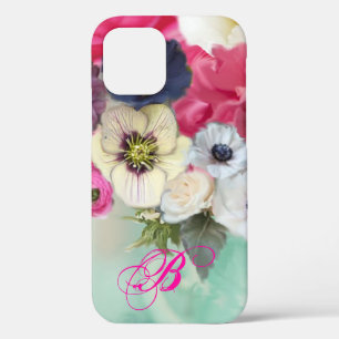 COQUE iPhone 12 ROSES BLANCHES ET FLEURS D'ANÉMONE MONOGRAMME
