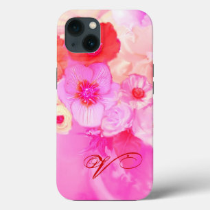 ETUI iPhone 13 ROSES BLANCHES ROUGES ET ANÉMONES PINK MONOGRAMME