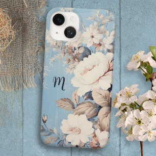 Coque Pour iPhone 14 Roses blanches sur Arrière - plan bleu rustique av