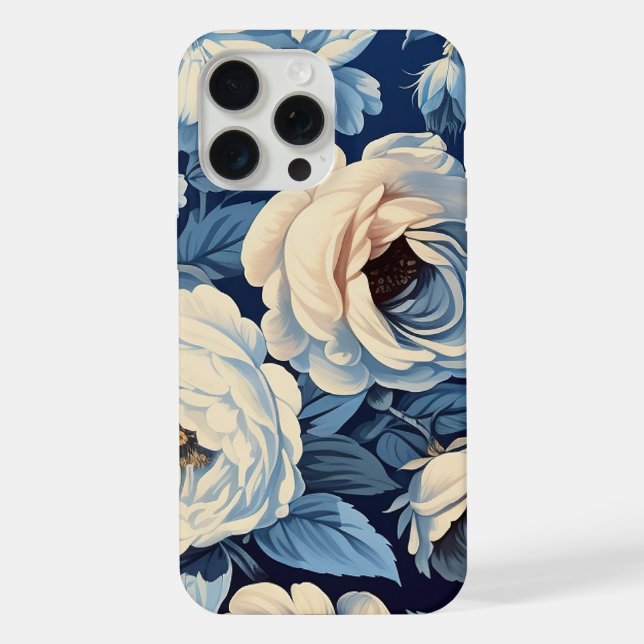 Coque iPhone Roses blanches sur fond bleu indigo (Verso)