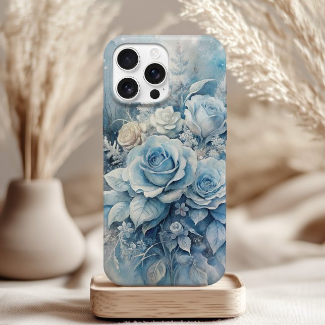Coque iPhone Roses Bleues d'Hiver - Floral Élégant de Glace  (Winter Blue Roses - Elegant Ice Floral iPhone Case on a neutral boho table)