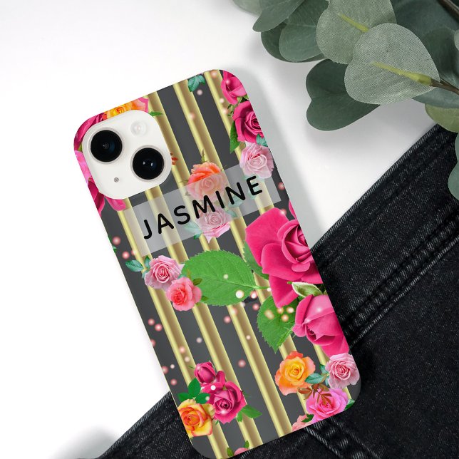 Coque iPhone Roses Chic Et Design Sur Bandes Or Et Noir (Créateur téléchargé)