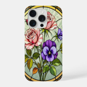 Coque iPhone 15 Pro Roses chic violettes sauvages verre teinté