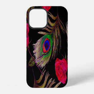 Coque iPhone 12 Roses d'aquarelle, plumes de paon, décoration.