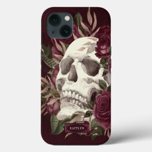 Etui iPhone 13 Roses de crâne Bourgogne Personnalisé