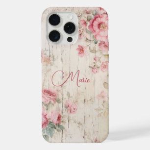 Coque iPhone 15 Pro Max Roses de style cottage rustique sur vieux bois ave