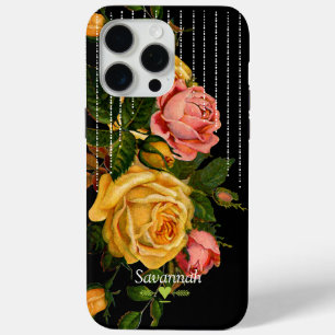 Coque iPhone 15 Pro Max Roses Florales Héritières Noires Jaunes Roses